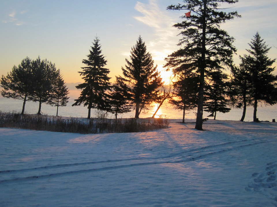 Sun rises behind pine trees along a snow covered Lake Superior shoreline