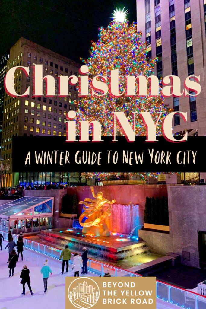 Skaters in front of the Rockefeller Tree. Text reads "Christmas in NYC: A Winter Guide to New York City."
