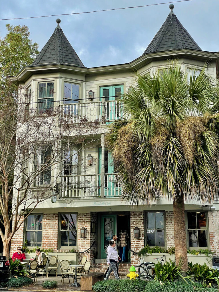 Exterior of a small coffee shop in a historic house in downtown Savannah