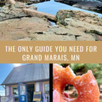 photo collage of scenes from Grand Marais MN including bookstore exterior, half eaten donut, and Lake Superior. Text reads "The only guide you need for Grand Marais, MN"