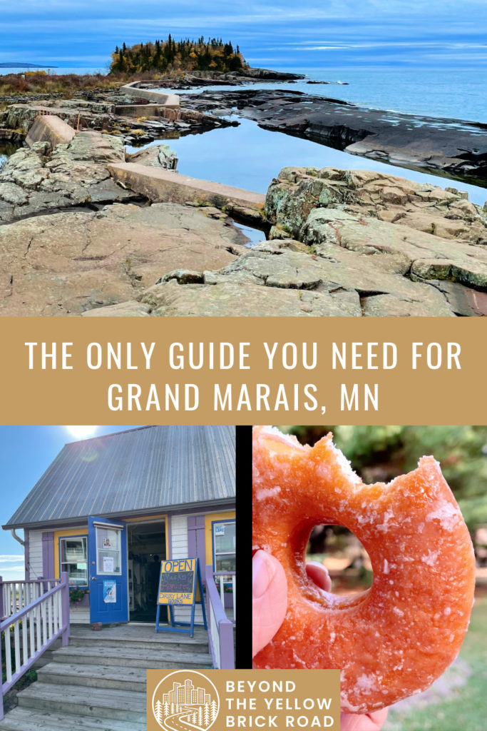 photo collage of scenes from Grand Marais MN including bookstore exterior, half eaten donut, and Lake Superior. Text reads "The only guide you need for Grand Marais, MN"