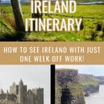 Photo collage of Ireland scenes including a country field, the Rock of Cashel, and the Cliffs of Moher