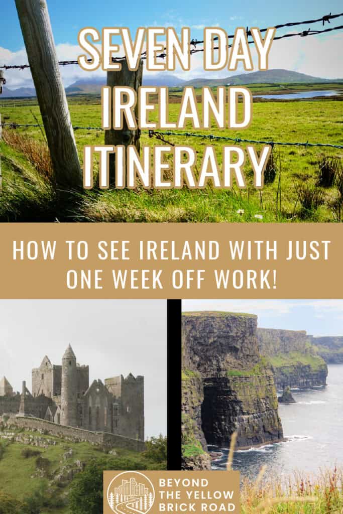 Photo collage of Ireland scenes including a country field, the Rock of Cashel, and the Cliffs of Moher