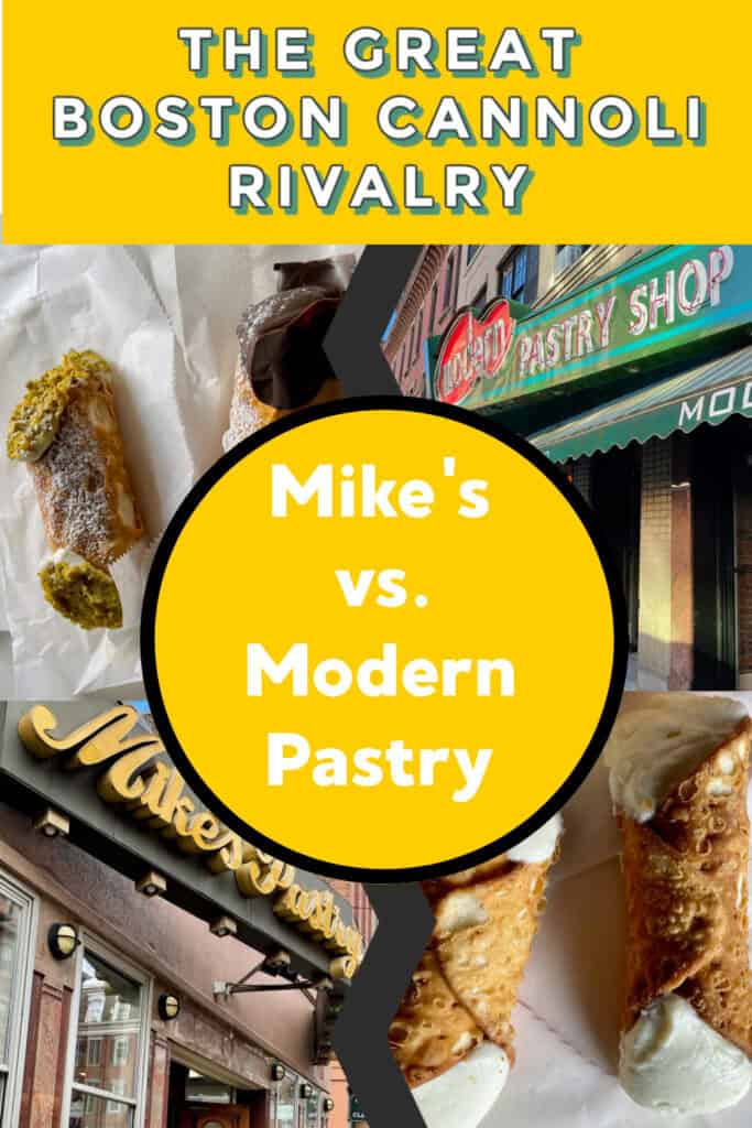 Photo collage of cannoli and Boston pastry shops.