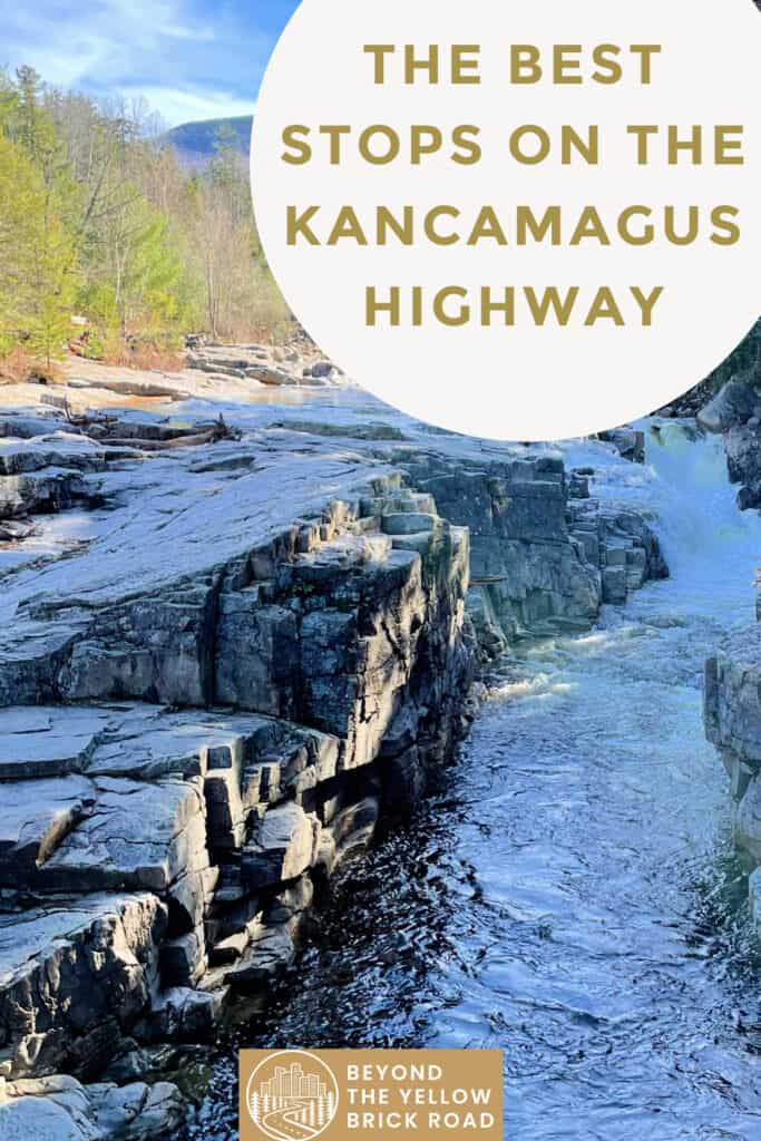 Rocky gorge with river running through it. Text overlay reads "The Best Stops on the Kancamagus Highway."
