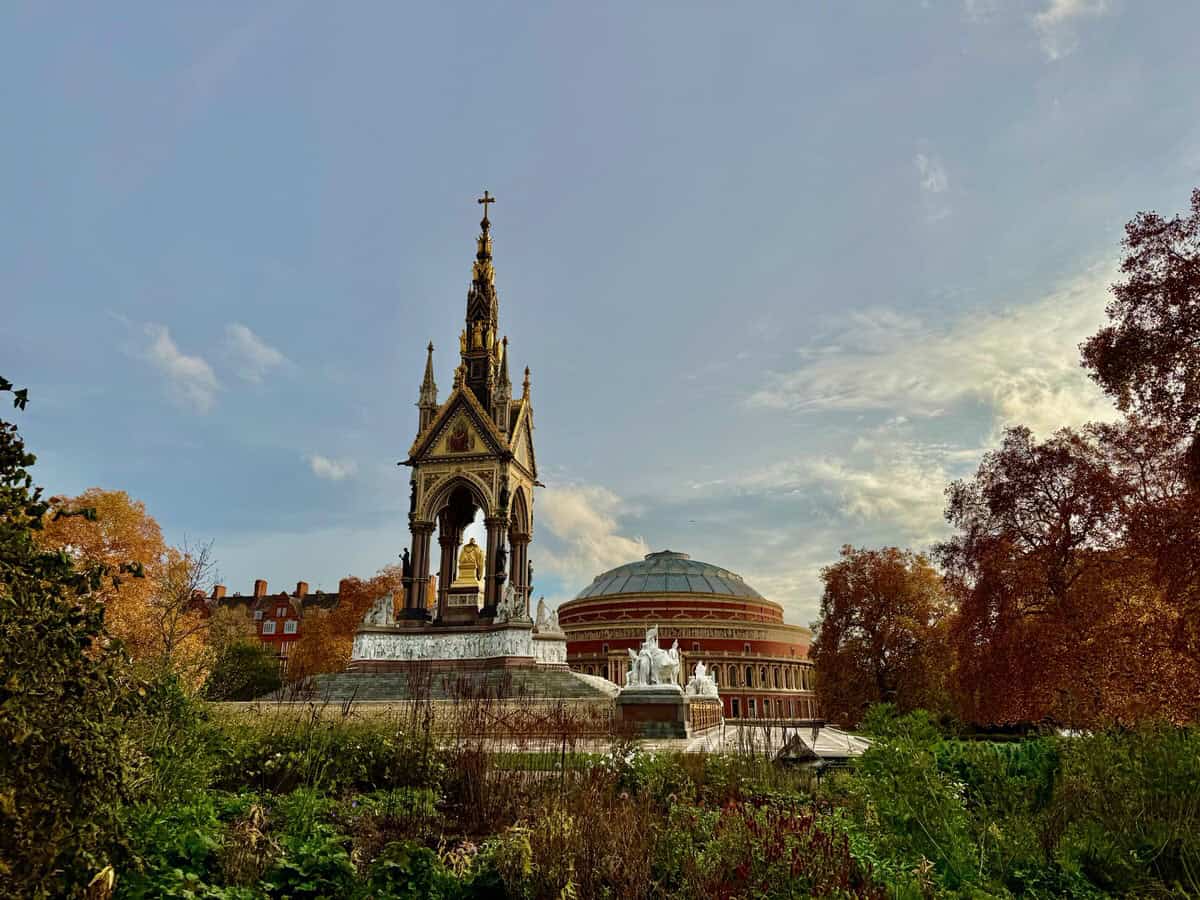 View of the backside of the Prince Albert Memorial and Royal Albert Hall as seen from Kensington Gardens in late autumn.