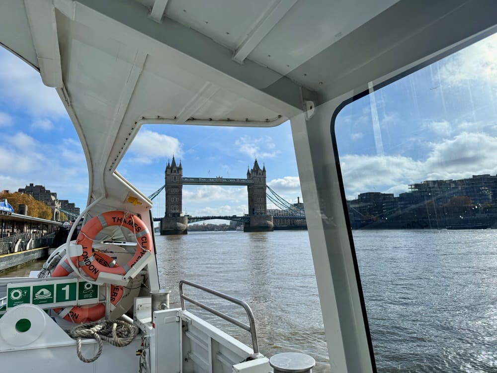 Looking at Tower Bridge from Thames River Clipper Uber Boats