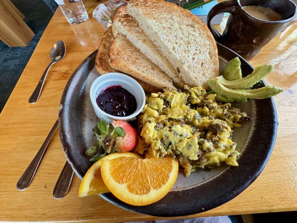 Wild rice egg scramble breakfast plate at Angry Trout Cafe