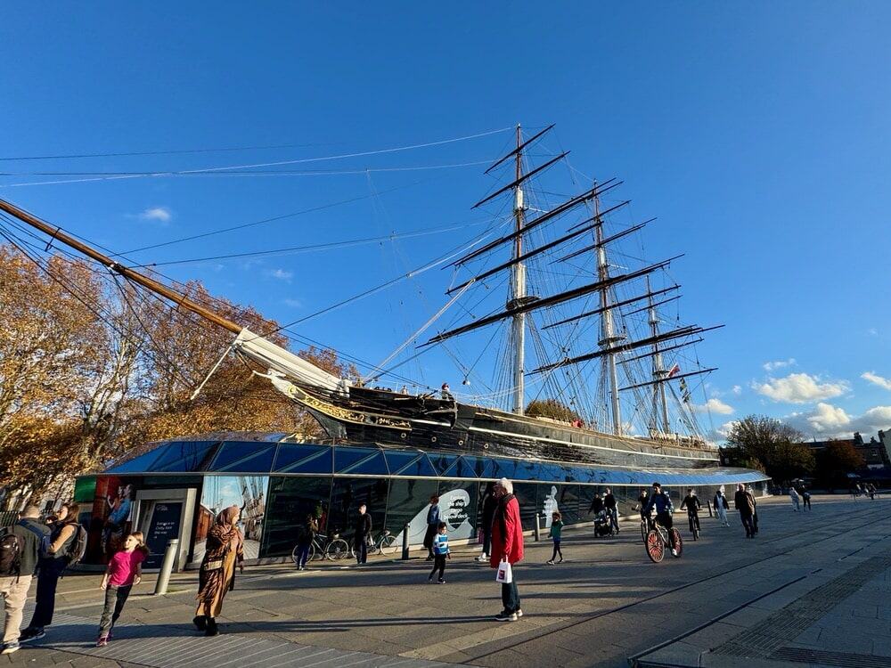 Replica tea clipper sits in a Greenwich London park