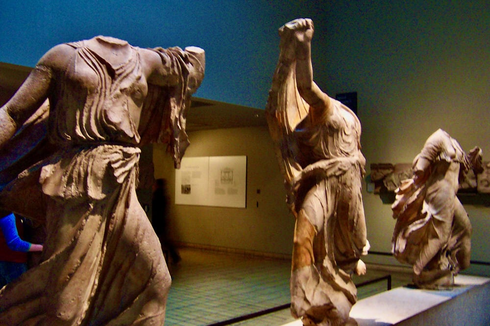 Ancient statue fragments on display at the British Museum
