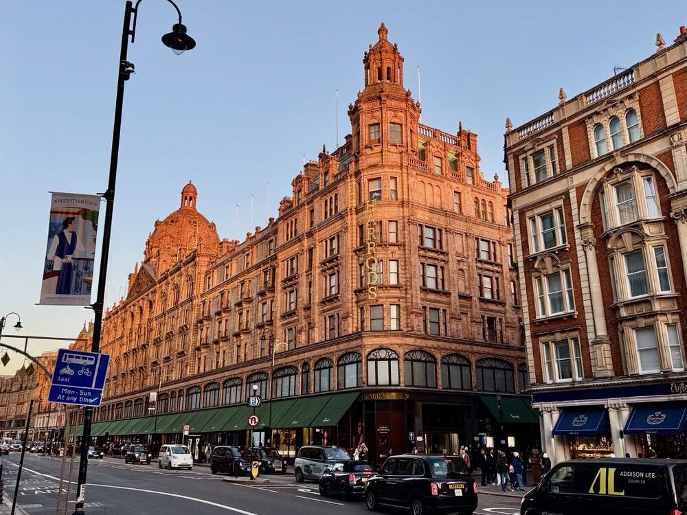 Exterior of Harrods Department Store at sunset