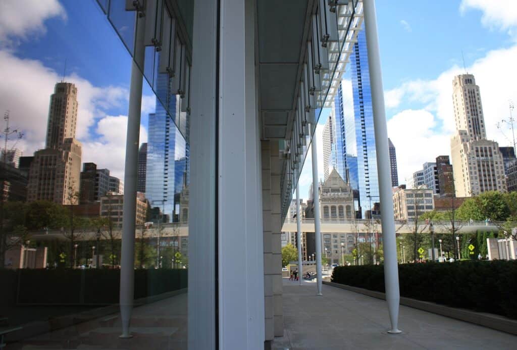 Exterior of the Modern Wing at the Art Institute of Chicago looking towards the Chicago skyline