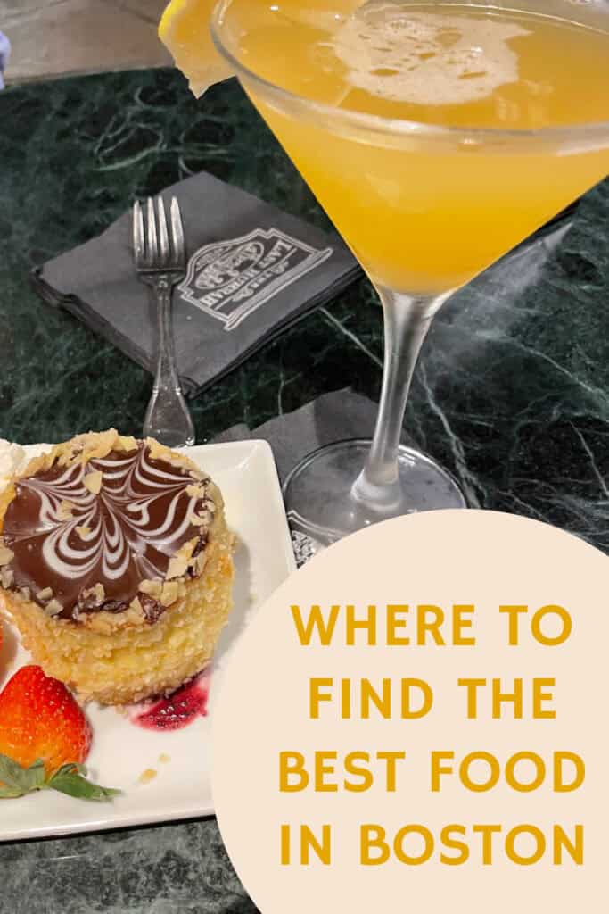 A bright yellow "Tea Party" martini with an individual sized Boston cream pie. Text reads "Where to Find the Best Food in Boston."