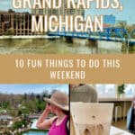 A photo collage of scenes from Grand Rapids MI including the blue bridge over the Grand River, the Frederik Meijer Gardens, and a cold brew coffee. Text reads "Grand Rapids, Michigan 10 Fun Things To Do This Weekend."