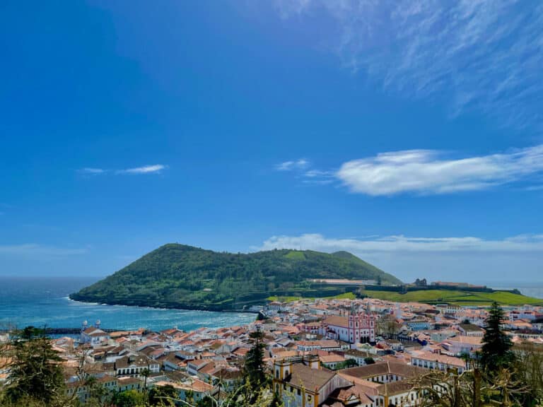 View of Angra do Herosimo's historic quarter on Terceira Island in the Azores Islands of Portugal looking towards Monte Brasil.