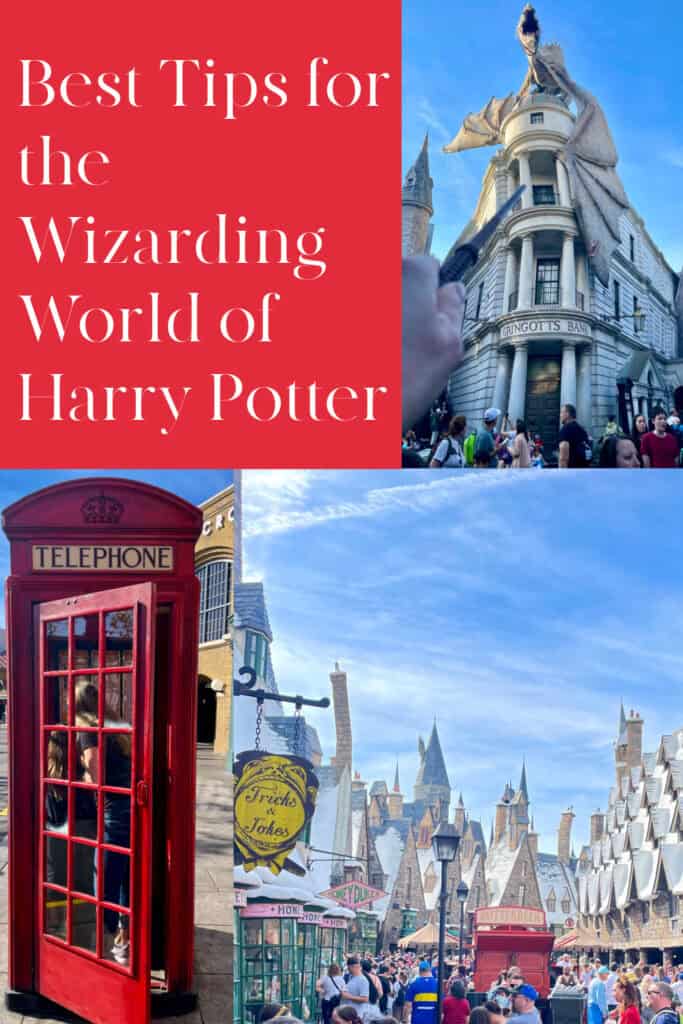 Photo collage from the Wizarding World of Harry Potter including a dragon, red telephone box, and snowcovered Hogsmeade. Text overlay reads "Best Tips for the Wizarding World of Harry Potter."