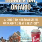 Photo collage of scenes from Thunder Bay Ontario including view of Sleeping Giant, the old railway station, and a Tim Horton's to-go cup