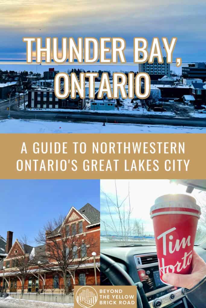 Photo collage of scenes from Thunder Bay Ontario including view of Sleeping Giant, the old railway station, and a Tim Horton's to-go cup