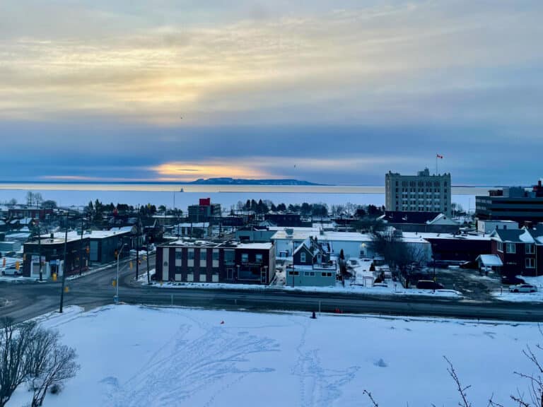 View of Port Arthur section of Thunder Bay, Ontario as seen from the old Courthouse hill looking towards Sleeping Giant and Lake Superior.