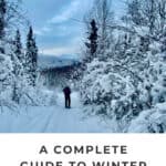 Woman walks in Alaskan snow flocked ice. Text reads "A Complete Guide to Winter in Alaska."