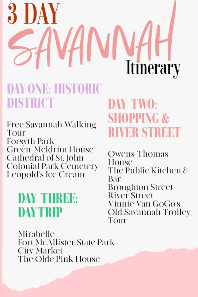 Written out 3 day itinerary for Savannah