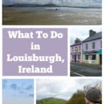 Photo collage of scenes from Louisburgh Ireland including beach, town, mountains, and countryside