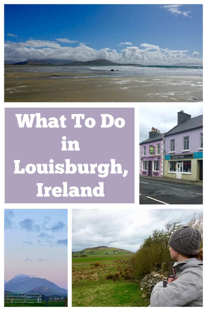Photo collage of scenes from Louisburgh Ireland including beach, town, mountains, and countryside