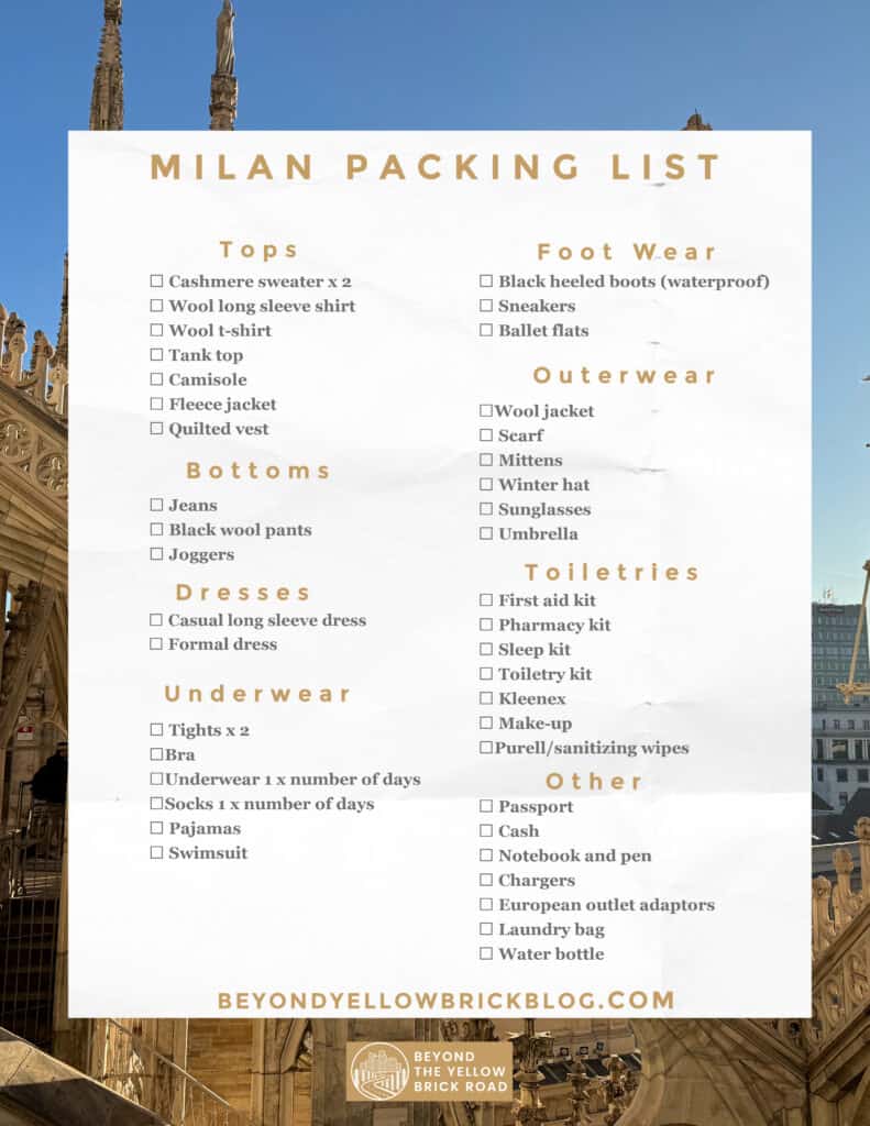 Printable packing list for what to wear in Milan in November