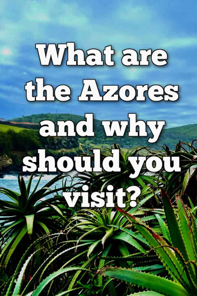 Large succulent in front of the Atlantic Ocean. Text overlay reads "What are the Azores and why should you visit?"