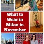 Photo collage of woman posing in Milan in various outfits. Text reads "What to wear in Milan in November"