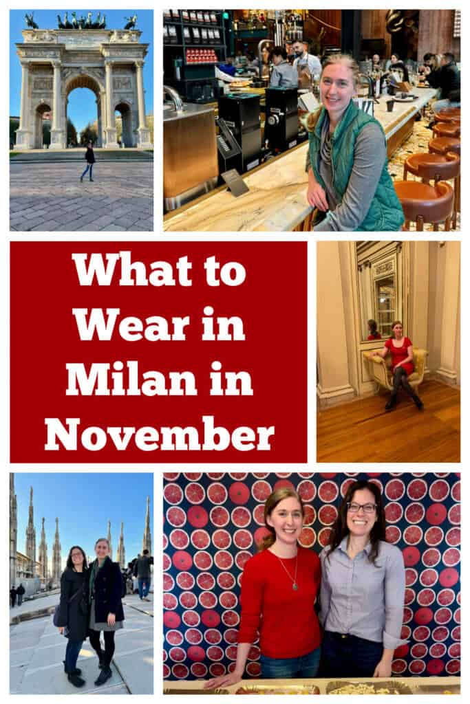 Photo collage of woman posing in Milan in various outfits. Text reads "What to wear in Milan in November"