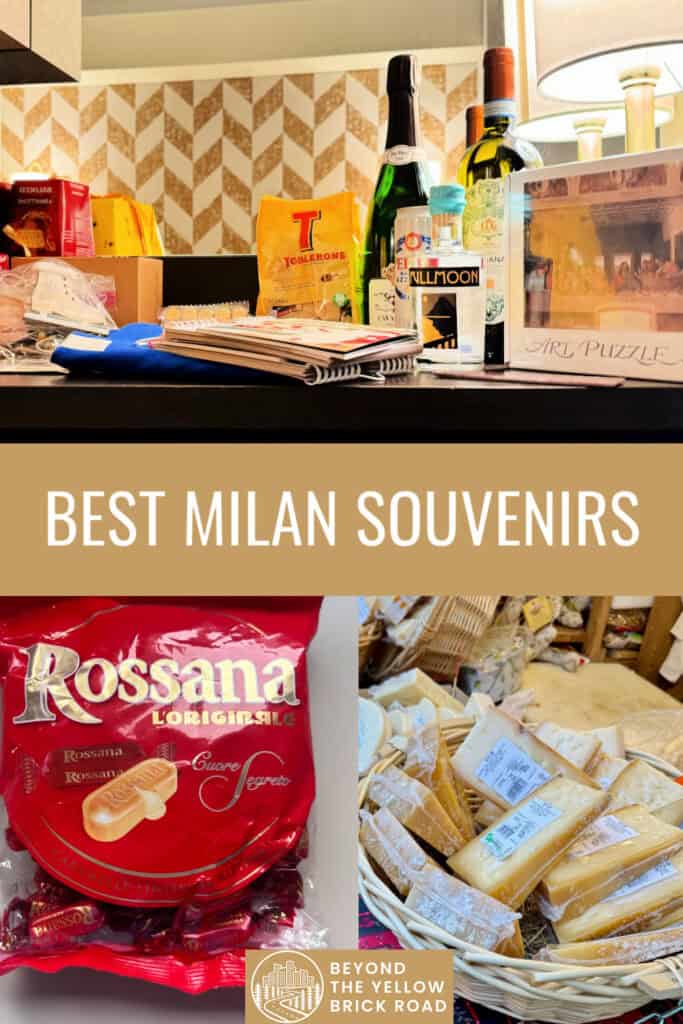 Photo collage of gifts purchased in Milan Italy including candy, cheese, wine, and chocolate. Text reads "Best Milan Souvenirs"