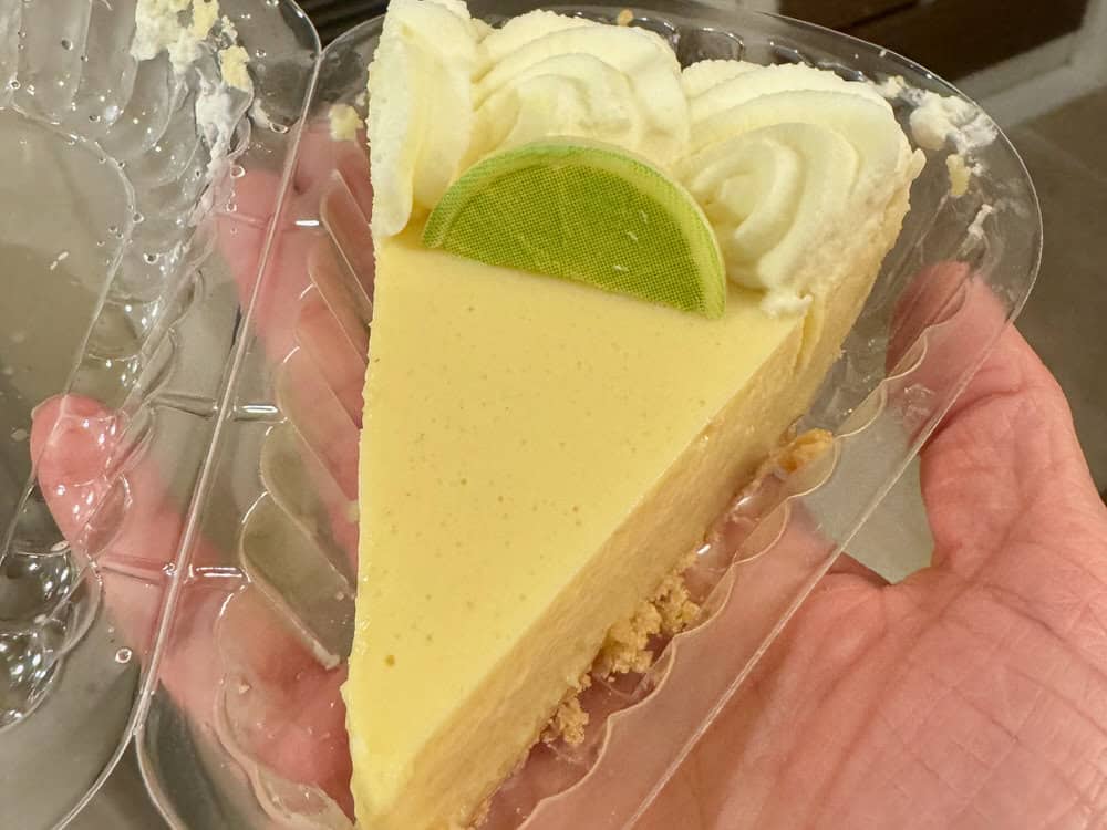 A hand holds up a small pie of key lime pie topped with whipped cream and a piece of chocolate shaped like a lime wedge. The pie sits in an open plastic clam shell container.