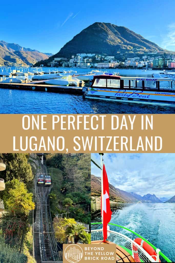 Lake view from downtown Lugano with Monte San Salvadore, two funicular cars pass on a mountainside, Swiss flag flies on the back of a passenger ferry on Lake Lugano. Text on the photo collage reads "One Perfect Day in Lugano, Switzerland."