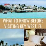 Photo collage of scenes from Key West, Florida including cats on a bed at Hemingway Home, a marina view, and a beach. Text reads "what to know before visiting Key West, FL"