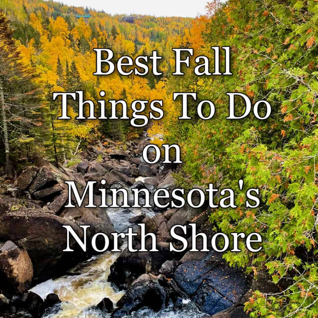 Poplar River flows through fall foliage in North Shore MN forest. Text overlay reads "Best Fall Things to do on Minnesota's North Shore"