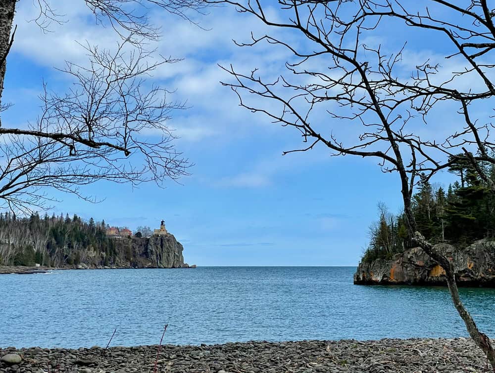 View of Split Rock Lighthouse from a beach on Lake Superior
