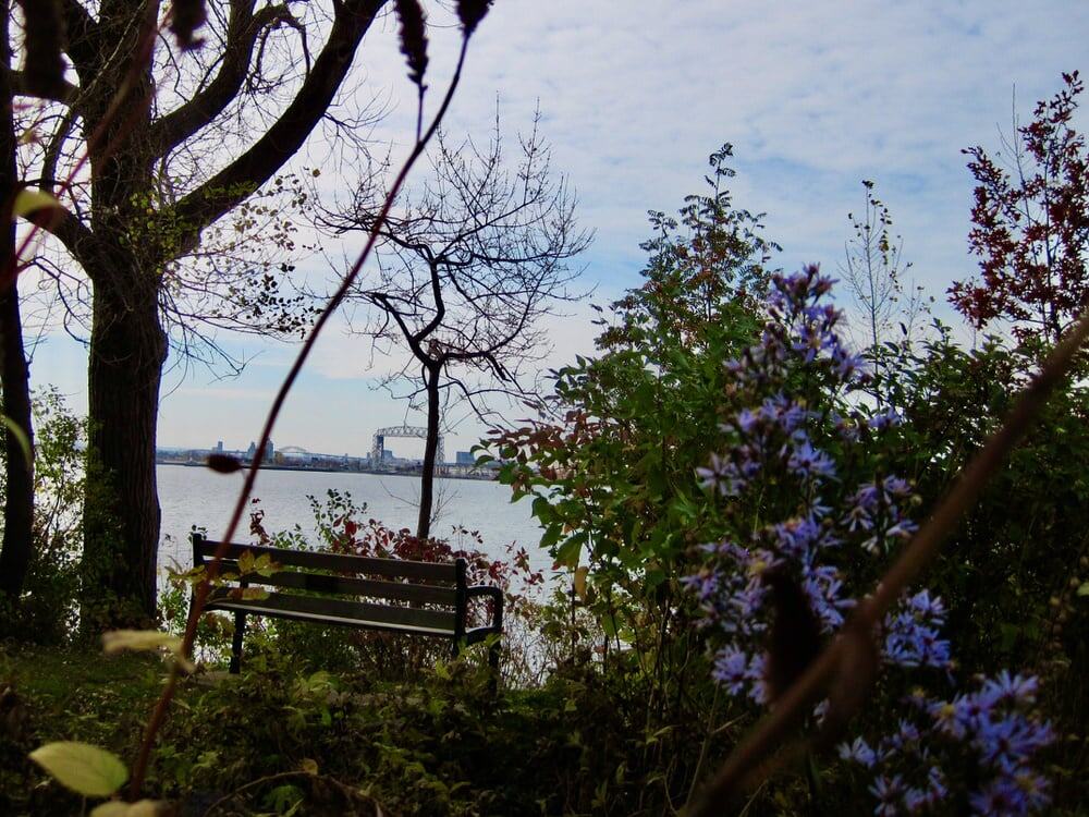 View of Lake Superior in Duluth looking through the trees towards the Aerial Lift Bridge and Canal Park