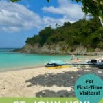 Beach photo from Trunk Bay on St. John USVI. Text reads "St. John USVI 7 Day Itinerary for first time visitors"