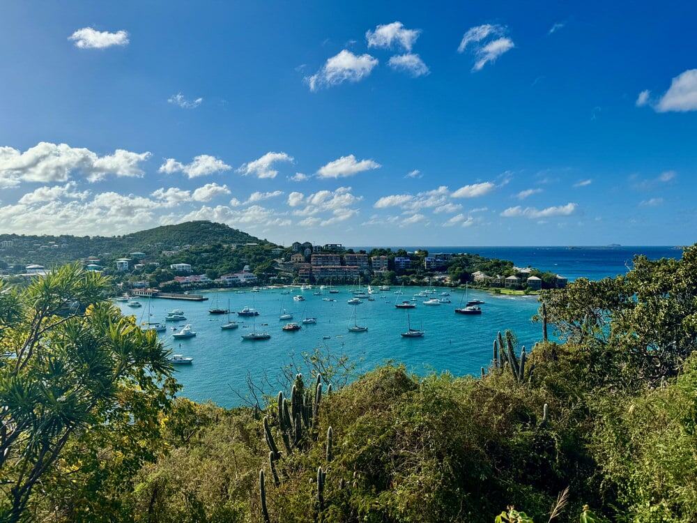Overhead view of boats in Cruz Bay on St. John