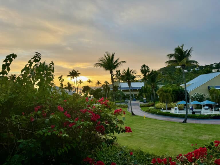 Sunset over a Caribbean resort with palm trees and a manicured lawn