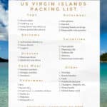 Packing list printed on top of an image of a St. John beach.