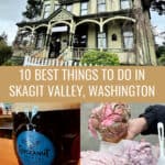 Photo collage of scenes from Skagit Valley, Washington including the exterior of a Victorian mansion, a mug of craft beer, and ice cream from a roadside farm stand. Text reads "10 Best Things to do in Skagit Valley, Washington."