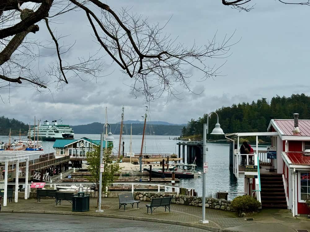 A ferry boat approaches the docks in Friday Harbor on San Juan Island
