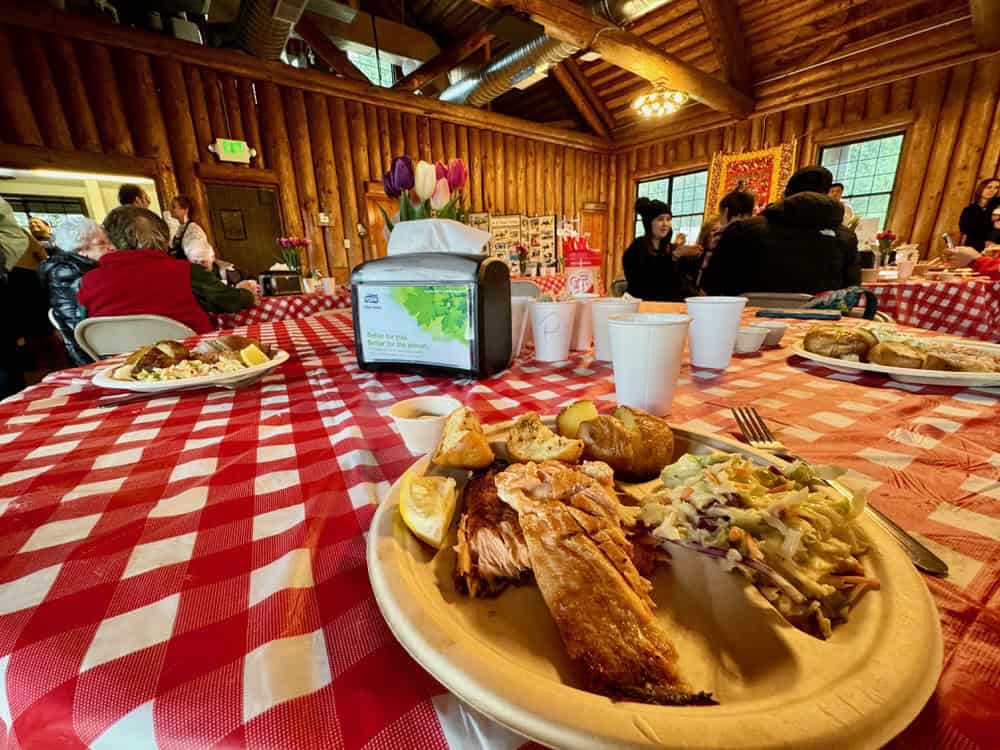 A plate of salmon dinner sits on a red gingham tablecloth