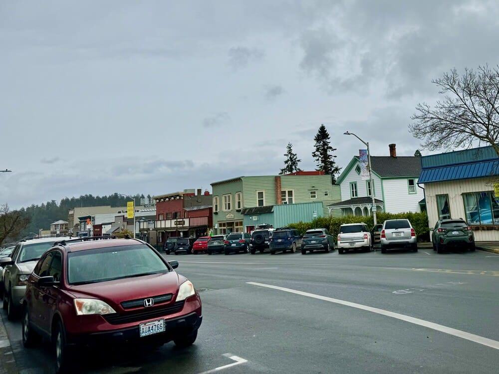 Parked cars line the street in downtown Friday Harbor, San Juan