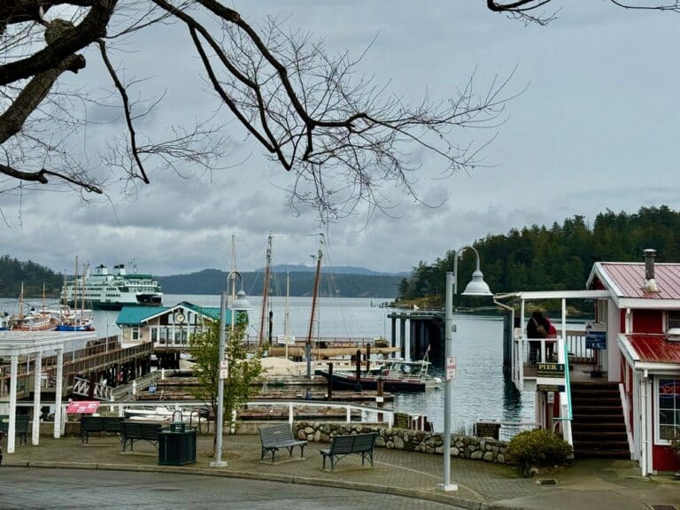 Street view of Washington State Ferry approaching Friday Harbor Dock on the San Juan Islands