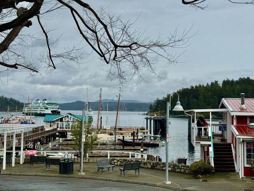 Street view of Washington State Ferry approaching Friday Harbor Dock on the San Juan Islands