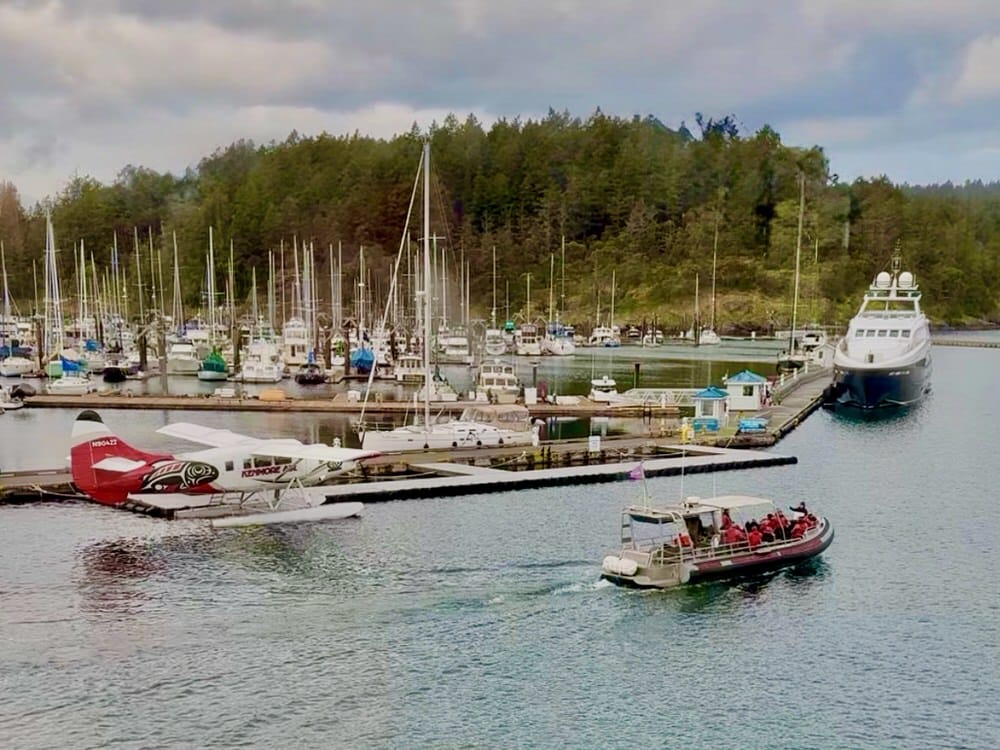 A float plane, tour boat, and private passenger ferry in Friday Harbor, San Juan Island