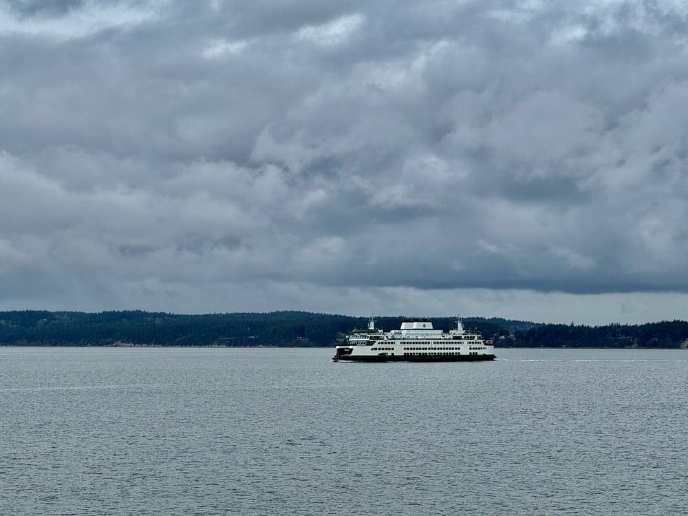 Washington State Ferry sails in the Salish Sea towards the San Juan Islands